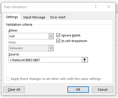 Data Validation dialog box in Excel