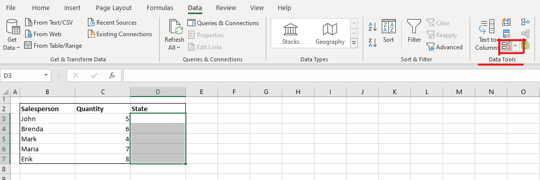 Data Validation button in Excel