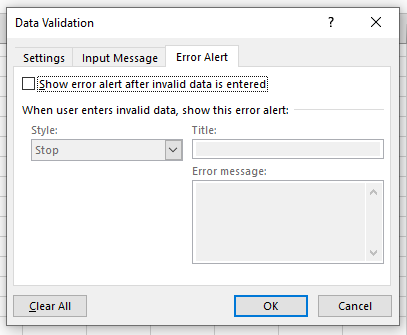 Data validation error alert