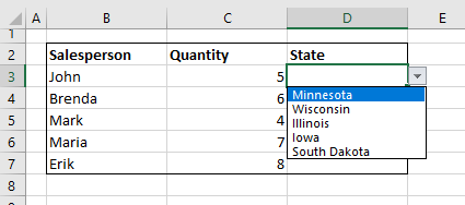 Drop down list in Excel